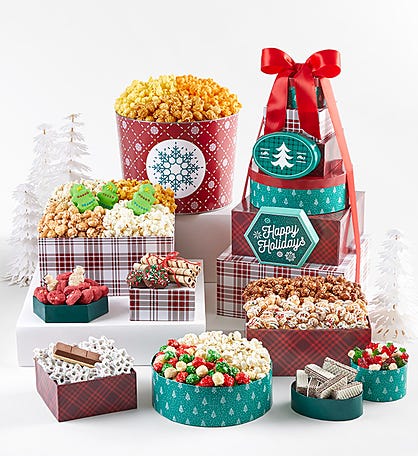 Cozy Holiday 8 Box Gift Tower & 2 Gallon Popcorn Tin 3 Flavor